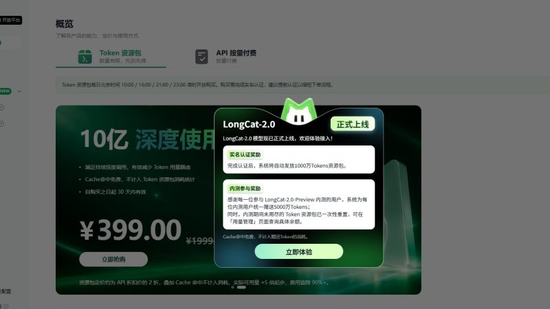 美团龙猫LongCat大模型 新用户免费白嫖1000万Token