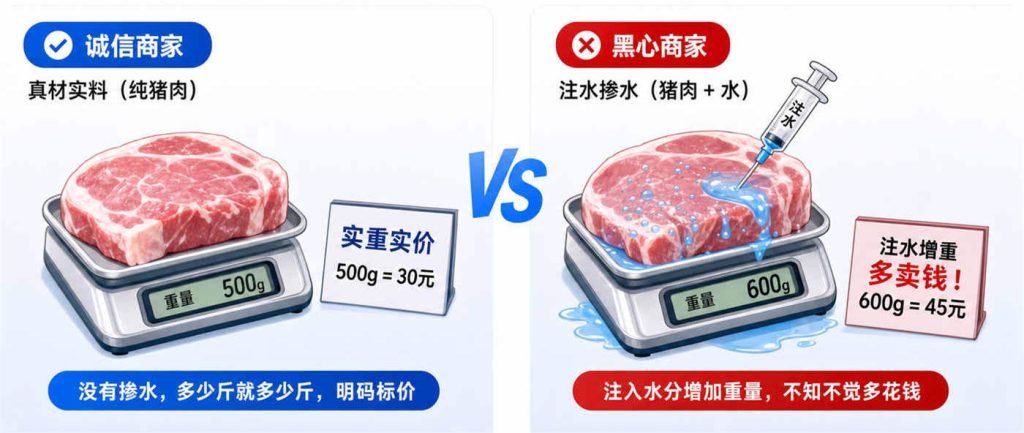 黑心老板往猪肉里注一些水进去，增加重量，就能多卖钱